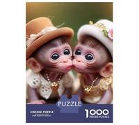 Monkey 1000 Pc Sturdy Paper Board Two Baby Monkeys in Hats Sharing A Kiss Puzzle Parent-Child Interactive Game Unique Artwork HD Printing 52x38cm/1000pcs