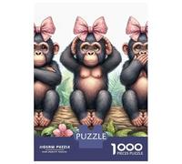 Monkey 1000 Pc Thickened Paper Three Chimpanzees with Pink Bows Puzzle Grown-Ups Relaxation Hobby Easy Store Engaging Teaser 52x38cm/1000pcs
