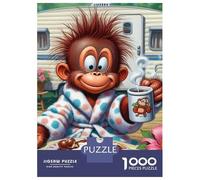 Monkey 1000 Piece Sturdy Paper Board Monkey Eating Breakfast at Outdoor TablePuzzle Parent-Child Families Home Leisure Unique Artwork Design 52x38cm/1000pcs