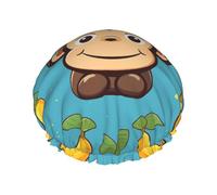 Monkey And Banana Pattern Print Shower Cap For Women Double Layer Waterproof Bath Cap Elastic Reusable Shower Hat Hair Protection Bath Hat For Spa Salon Bathing Ladies