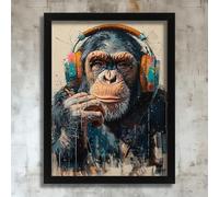 Monkey Ape Music Headphones Wall Art Print Gift Home Animal Wall Artwork Print A2 Poster on Canvas - Wall Art Home Decor Movie Poster Canvas Film Cinema Retro Vintage Cult Classic Nostargic Saga Mode