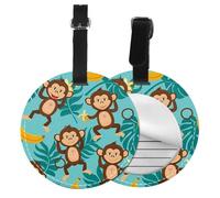 Monkey Banana Round Luggage Tag 4PCS Palm Leaves PU Leather Travel Bag Tag ID Labels Name Card Holder wtih Buckle for Luggage Suitcase Backpacks