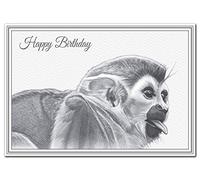 Monkey Birthday Card. Exclusive, artistic drawing for real animal lovers and wildlife fans who love Squirrel monkeys and apes. Quality print of hand drawn portrait. Unique and unusual Fine Art.
