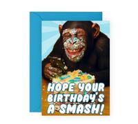 Monkey Birthday Card - Hope Your Birthday Is A Smash Cake - Fun Greetings for Friend Brother Sister Coworker Teen Bestie BFF Son Daughter Aunt Uncle Mum Dad - Chimp - Comes with Stickers
