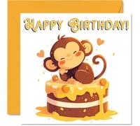 Monkey Birthday Cards - Animal Cake - Happy Birthday Card for Son Daughter Brother Sister Grandson Granddaughter Niece Nephew Cousin, 145mm x 145mm Bday Greeting Cards