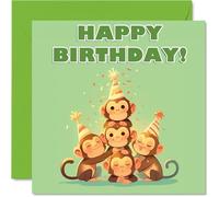 Monkey Birthday Cards for Her Him - Party Animals Pyramid - Happy Birthday Card for Mum Dad Brother Sister Auntie Uncle Cousin Friend Family Colleague 145mm x 145mm Bday Greeting Cards