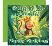Monkey Birthday Cards - King of the Jungle - Happy Birthday Card for Son Daughter Brother Sister Grandson Granddaughter Niece Nephew Cousin, 145mm x 145mm Bday Greeting Cards
