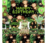 Monkey Birthday Decorations, Monkey Party Decoration, Plates Cups Napkins Tablecloth Happy Birthday Backdrop Balloon Cake Toppers for Wild Jungle Animal Supplies, Serves 20