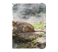 Monkey by Stream on Rocks Leather Passport and Vaccine Card Holder Combo Travel Documents Organizer Protector Passport Holder Combo with Vaccine Card Slot for Men and Women Waterproof