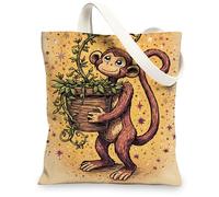 Monkey Canvas Tote Bags, Cute Animal Plant Pattern Reusable Grocery Bags, Fun Playful Lightweight Washable Shoulder Strap Canvas Bags for Gym Outdoor Travel Beach Picnic 13x15 Inch