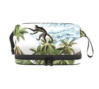 Monkey Climb on Palm Tree Island Double Layer Cosmetic Bag for Women and Girls, Travel Toiletry Bag Makeup Handy Pouch Organiser Bag with Brush Compartment