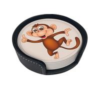 Monkey Coasters For Drinks, 6 Pcs Leather Coaster With Holder, Round Cup Mat Pad Set For Home And Kitchen 3.9 Inches