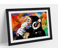 Monkey Dj Banksy Colourful Swirl Gorilla Framed Wall Art Print Picture - A3 - Black Frame