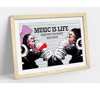 Monkey Dj Banksy Music Is Life Framed Wall Art Print Picture - A1 - Light Oak Frame