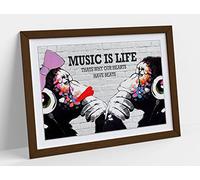 Monkey Dj Banksy Music Is Life Framed Wall Art Print Picture - A3 - Walnut Frame