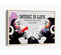 Monkey Dj Banksy Music Is Life Gorilla Canvas Floater Frame Print Picture Art - Light Oak Frame 18 inch wide x 12 inch high