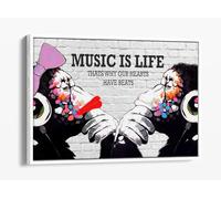 Monkey Dj Banksy Music Is Life Gorilla Canvas Floater Frame Print Picture Art - White Frame 12 inch wide x 8 inch high