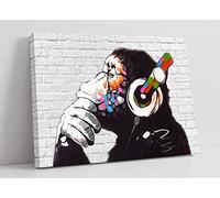 MONKEY DJ BANKSY WHITE BRICK CANVAS STREET WALL ART PRINT ARTWORK - GORILLA (24in x 16in / 60cm x 40cm)