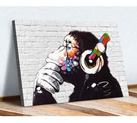 MONKEY DJ BANKSY WHITE BRICK CANVAS STREET WALL ART PRINT ARTWORK - GORILLA (36in x 24in / 91cm x 60cm)