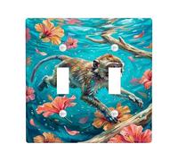 Monkey Double Light Switch Cover Plate, Tropical Colorful Hibiscus Water Summer Turquoise Plastic Standard Size Toggle Light Switch Cover for Home Living Room Bedroom Bathroom Decor