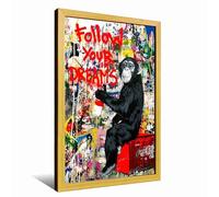 Monkey Follow Your Dreams Canvas Print Street Graffiti Art Gorilla Poster Monkey Artwork Modern Contemporary Poster Indoor Decor for Home Offices Living Room Bedroom Farmhouse Framed Ready to Hang