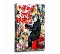 Monkey Follow Your Dreams Canvas Print Street Graffiti Art Gorilla Poster Monkey Artwork Modern Contemporary Poster Indoor Decor for Home Offices Living Room Bedroom Farmhouse Framed Ready to Hang
