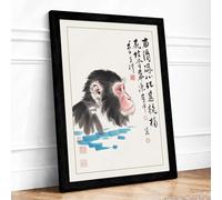 Monkey Gazes at Water Japandi Framed Wall Art Print A1 (84.1×59.4cm) Black, Wall Decor for Living Room, Bedroom, Office & Home, Ready to Hang, Art Gift
