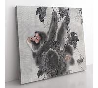 Monkey Hanging from a Tree by Kawanabe Kyosai Asian Japanese Canvas Wall Art Print Ready to Hang, Framed Picture for Living Room Bedroom Home Office Décor, 35x35 cm (14x14 Inch)