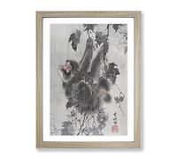 Monkey Hanging From A Tree By Kawanabe Kyosai Asian Japanese Framed Wall Art Print, Ready to Hang Picture for Living Room Bedroom Home Office Décor, Oak A3 (34 x 46 cm)