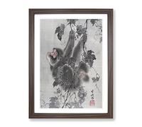 Monkey Hanging From A Tree By Kawanabe Kyosai Asian Japanese Framed Wall Art Print, Ready to Hang Picture for Living Room Bedroom Home Office Décor, Walnut A2 (64 x 46 cm)