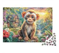 Monkey in Garden1000 Pieces Premium Cardboard Monkey Flower Field Jigsaw Puzzle Collection Adults Teens 12-18 Years Fun Game Mind Relaxation Gift 38x26cm/1000pcs