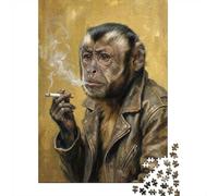 Monkey in Leather Jacket Smoking 1000-Piece Puzzle for Adults, 38x26cm/1000pcs, A Quiet Challenge for Solo Leisure Time; Low-dust White Cardboard Pieces