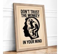 Monkey in Mind Typography Framed Wall Art Print A2 (59.4×42cm) Oak, Wall Decor for Living Room, Bedroom, Office & Home, Ready to Hang, Art Gift