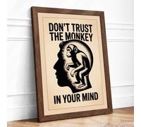 Monkey in Mind Typography Framed Wall Art Print A3 (42×29.7cm) Walnut, Wall Decor for Living Room, Bedroom, Office & Home, Ready to Hang, Art Gift