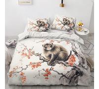 Monkey King Size Duvet Cover Sets - Cherry Blossom Animal Bedding Set - Reversible Quilt Cover & 2 Pillowcases with Zipper Closure, Ultra Soft and Non Iron Brushed Microfibre Bed Set 230x220 L7-&-144