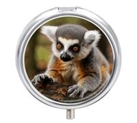 Monkey Lemur Cute Metal Pill Organizer, 3 Compartment Waterproof Pill Case with Mirror for Purse Pocket Bag, Daily Medicine Vitamin Holder, Portable Travel Med Container(Round)
