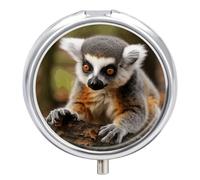 Monkey Lemur Cute Pill Box Medicine Pill Organizer 3 Compartment Daily Pill Case Small Pill Container Round Pill Holder Travel Pill Box Metal Pill Case for Purse Pocket