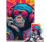 Monkey Listening to Music JigsawPuzzle 1000 Pieces for Teenagers,Brain Teaser Game Wall Decoration Unique Birthday And Xmas Gifts 38x26cm