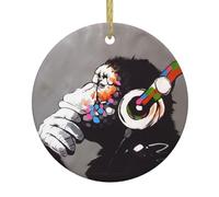 Monkey Music Patterned round hanging ornament, ceramic pendant, suitable for hanging on Christmas trees and fireplaces.