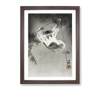 Monkey On A Bamboo Branch By Ohara Koson Asian Japanese Framed Print | A3 Walnut Framed Wall Art | Ready to Hang | Asian Animal Picture | Living Room Bedroom Lounge Office