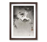 Monkey on a Bamboo Branch by Ohara Koson Framed Print | A2 Walnut Framed Wall Art | Ready to Hang | Modern Animal Picture | Living Room Bedroom Lounge Office