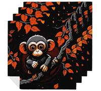 Monkey on Red Branch Cloth Napkins 18 X 18 Inch, 4 PCS Polyester Napkins, Soft & Absorbent Cloth Dinner Napkin for Wedding, Party, Restaurant, Elegant Table Decor