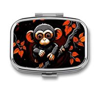 Monkey on Red Branch Pill Box 2 Compartment - Small Metal Medicine Organizer Portable Pill Case for Purse Pocket Travel Vitamin Organizer for Men Women, BPA-Free