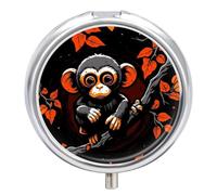 Monkey on Red Branch Round Pill Box 3 Compartment Medicine Pill Organizer with Mirror Travel Small Pill Case Cute Vitamin Organizer Portable Daily Pill Container for Pocket Purse