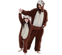 Monkey Onesie Adult Teddy Fleece Onesie - Mommy and Me Matching Pjs Cosy Warm Animal Jumpsuit Pajamas Novelty Halloween/Christmas Party Costume with Hood, Comfortable Sleepwear Outfit UK XL