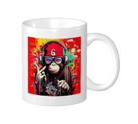 Monkey Pack Of 1 Printing Mug Hippie Glasses Headset Music Hat Graffiti Artistic Animals Bird red yellow Ceramic Reusable Decorative Apartment Living Room office Flat Bottom Hot Drinks Cups 11 Ounce