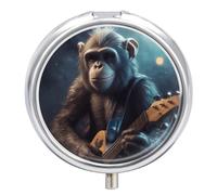 Monkey Playing Guitar Pill Box 3 Compartment Travel Pill Organizer 3 Times A Day Cute Mini Pill Case for Purse & Pocket Portable Metal Medicine Box with Mirror Round Daily Medicine Vitamin Container
