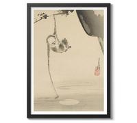 Monkey Reaching For The Moon Ogata Gekko Poster, Japanese Woodblock Ukiyo-E Print, Vintage Art Picture Painting Wall Art Exhibition, A5 (Black Frame) - 21x14.8cm