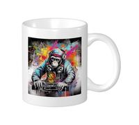 Monkey Set Of 1 Printing Mug Graffiti Spray Funny Animals Playing Music Headset Hippie Cool white orange Ceramic Decorative Light Weight Outdoor School Camping Bedroom Flat Bottom Tea Cups 11 Ounce