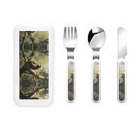 Monkey sitting on a tree Children's tableware 3-piece set, reusable knife, fork and spoon cutlery set, portable children's food protection tableware